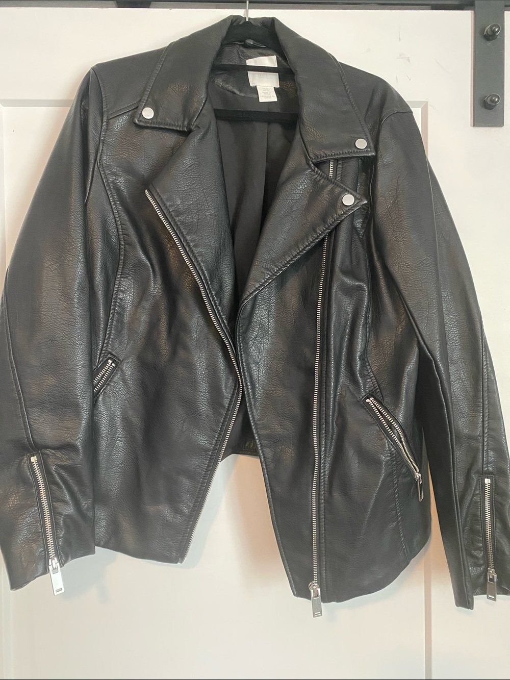 H&M Black Faux Leather Moto Jacket with Silver Hardware